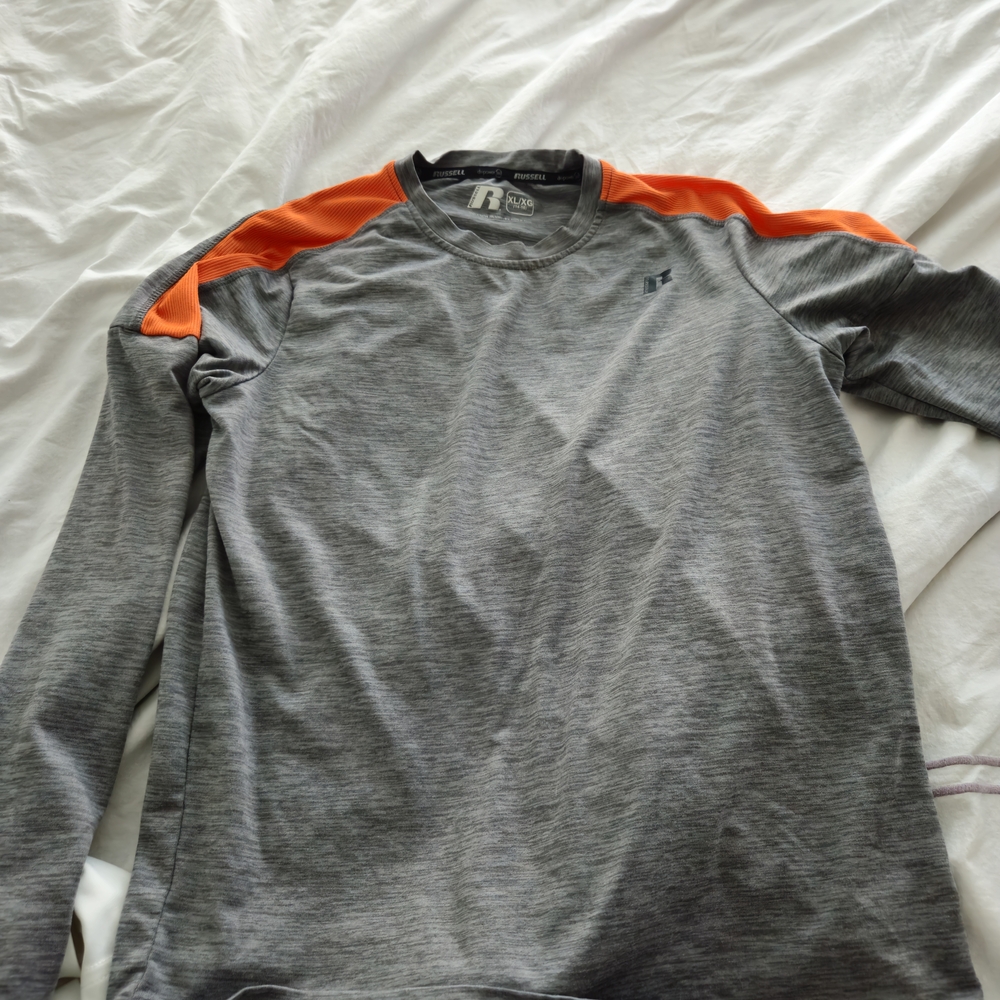 Russell Athletic Gray Long-Sleeve Crew with Orange Shoulder Panels